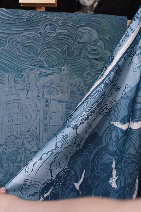 Flight through the clouds - Pastel Blue Linocut Silk Scarf 