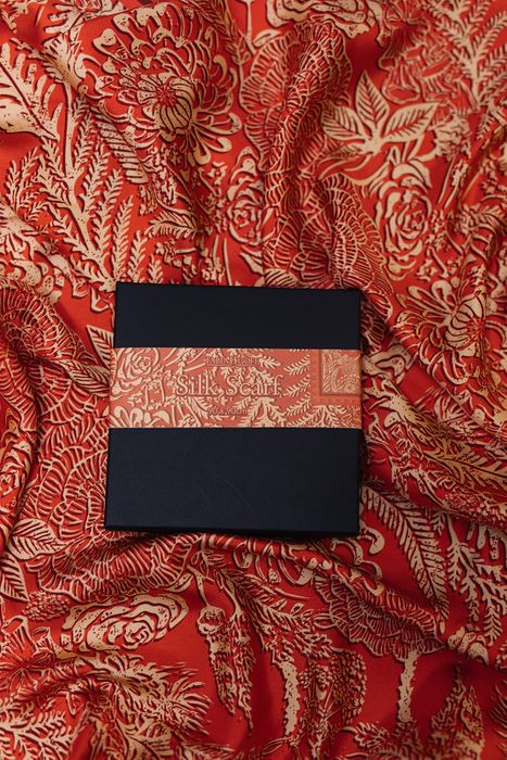 Crimson Garden – Botanical Linocut Silk Scarf