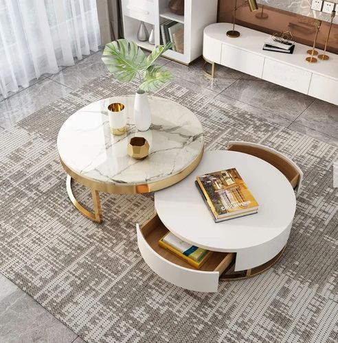 Nesnesis Modern Round Sintered Stone Nesting Wood Coffee Table with Drawers in White