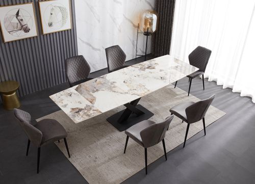ceramic dining table with copper hints