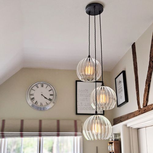 Soho Ribbed Glass 3 Cluster Globe Pendant Light - Large