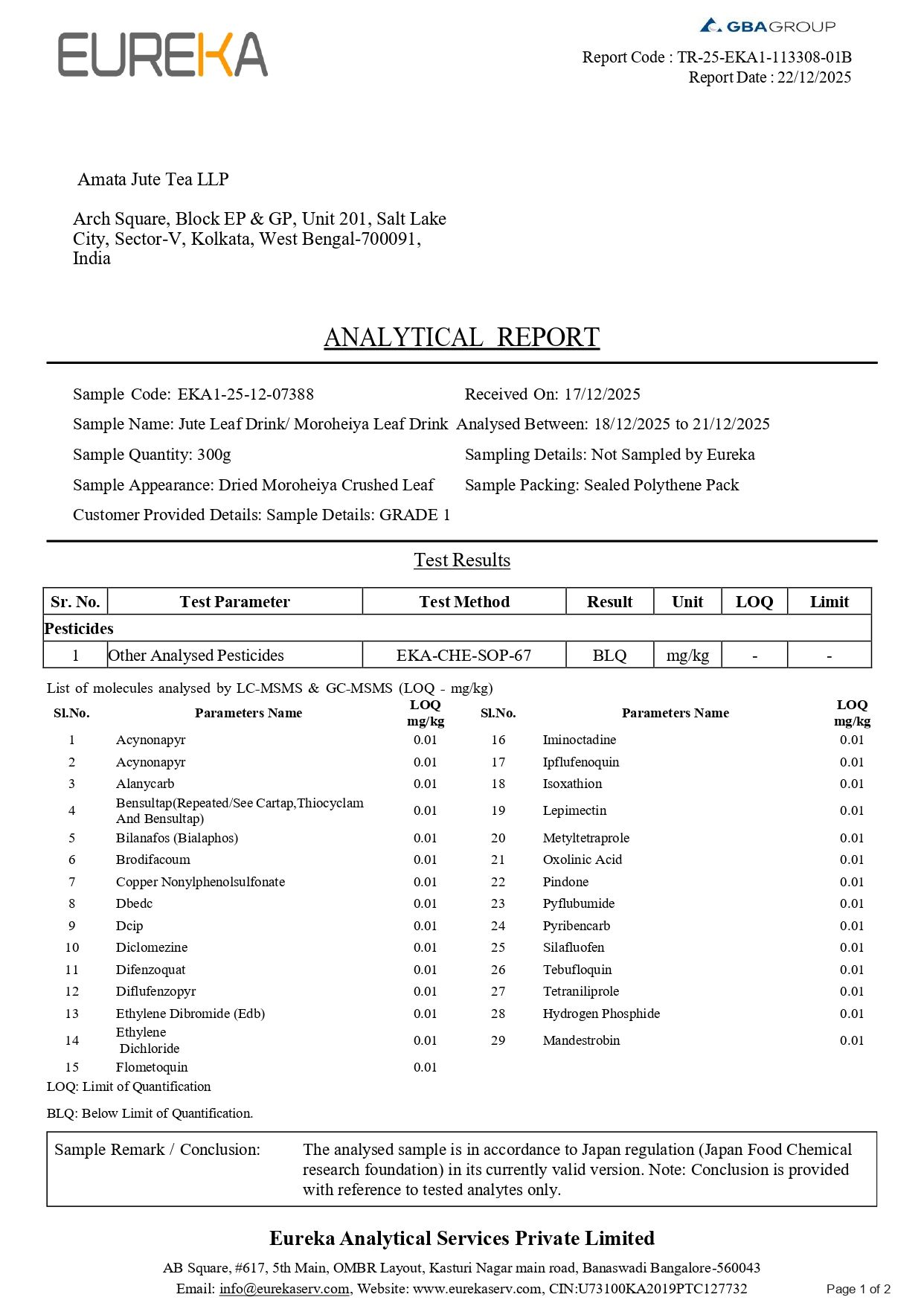 Residue / Pesticide Test Report (Japan MRL Standard).