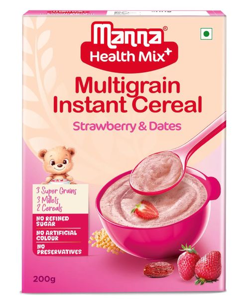 Manna Instant Health Mix+, Multigrain Cereal + Fruits - Strawberry & Dates, Made with Real Fruits, 7 Supergrains and Millets. No Added Sugar, No Artificial Colour, Flavours 200g