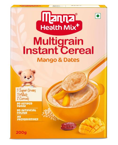 Manna Health Mix Instant Multigrain Cereal, Mango, Banana and Dates with Milk. Made with Real Fruits and 7 Supergrains and Millets. No Added Sugar, No Artificial Colour, Flavours 200g