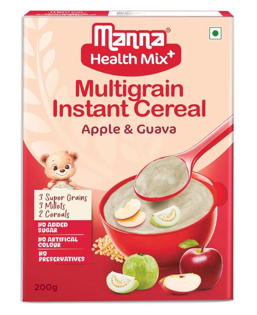 Manna Health Mix Instant - Apple & Guava with milk | Multigrain Cereal Made with Real Fruits and 7 Supergrains and Millets. No Added Sugar, No Artificial Color & Flavors 200g