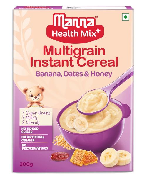 Manna Health Mix Instant - Banana, Dates, Honey with Milk | Multigrain Cereal Made with Real Fruits and 7 Supergrains and Millets. No Added Sugar, No Artificial Color & Flavors 200g