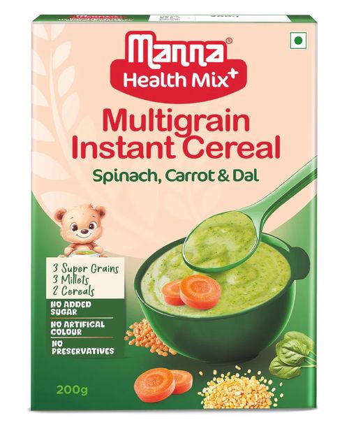 Manna Health Mix Instant - Spinach, Carrot, Dal with Milk | Multigrain Cereal Made with Real Vegetables and 7 Supergrains and Millets. No Added Sugar, No Artificial Color & Flavors 200g