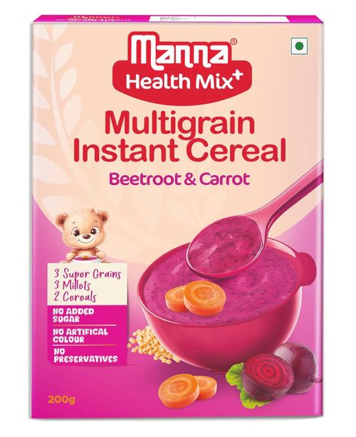 Manna Health Mix Instant - Beetroot & Carrot with Milk | Multigrain Cereal Made with Real Vegetables and 7 Supergrains and Millets. No Added Sugar, No Artificial Color & Flavors 200g