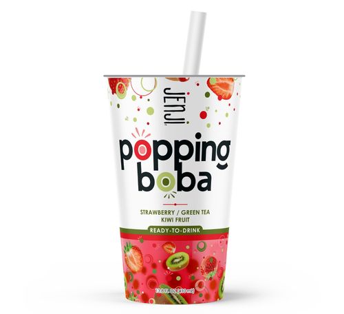 Jenji Popping Boba Strawberry Kiwi Green Tea 410ml Cups with Straw