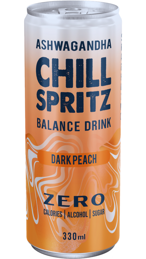 Chill Spritz – Dark Peach | Zero Alcohol Functional Sparkling Soda with Ashwagandha, Vitamins & Minerals (330ml Can)