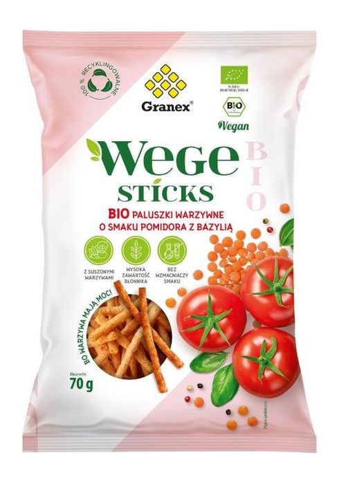WEGE STICKS – ORGANIC VEGETABLE STICKS WITH RED LENS AND TOMATOES AND TOMATO WITH BASIL