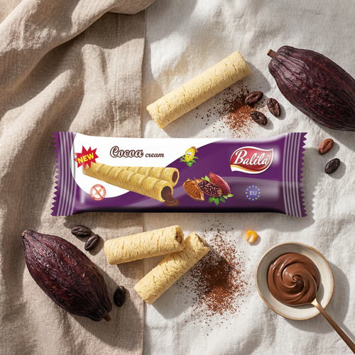 Puffy corn fingers filled with Cacao flavour cream (83%), 18 g