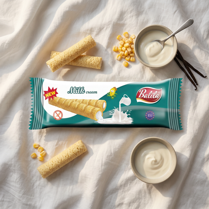 Puffy corn fingers filled with Milk flavour cream (83%), 18 g