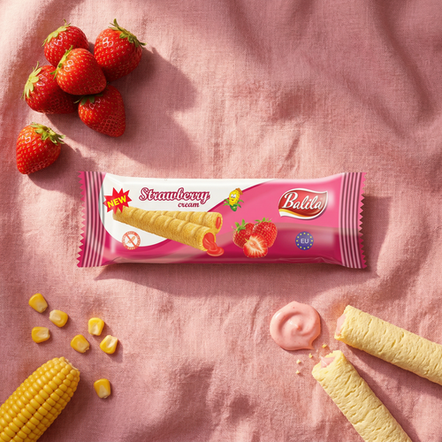 Puffy corn fingers filled with Strawberry flavour cream (83%), 18 g