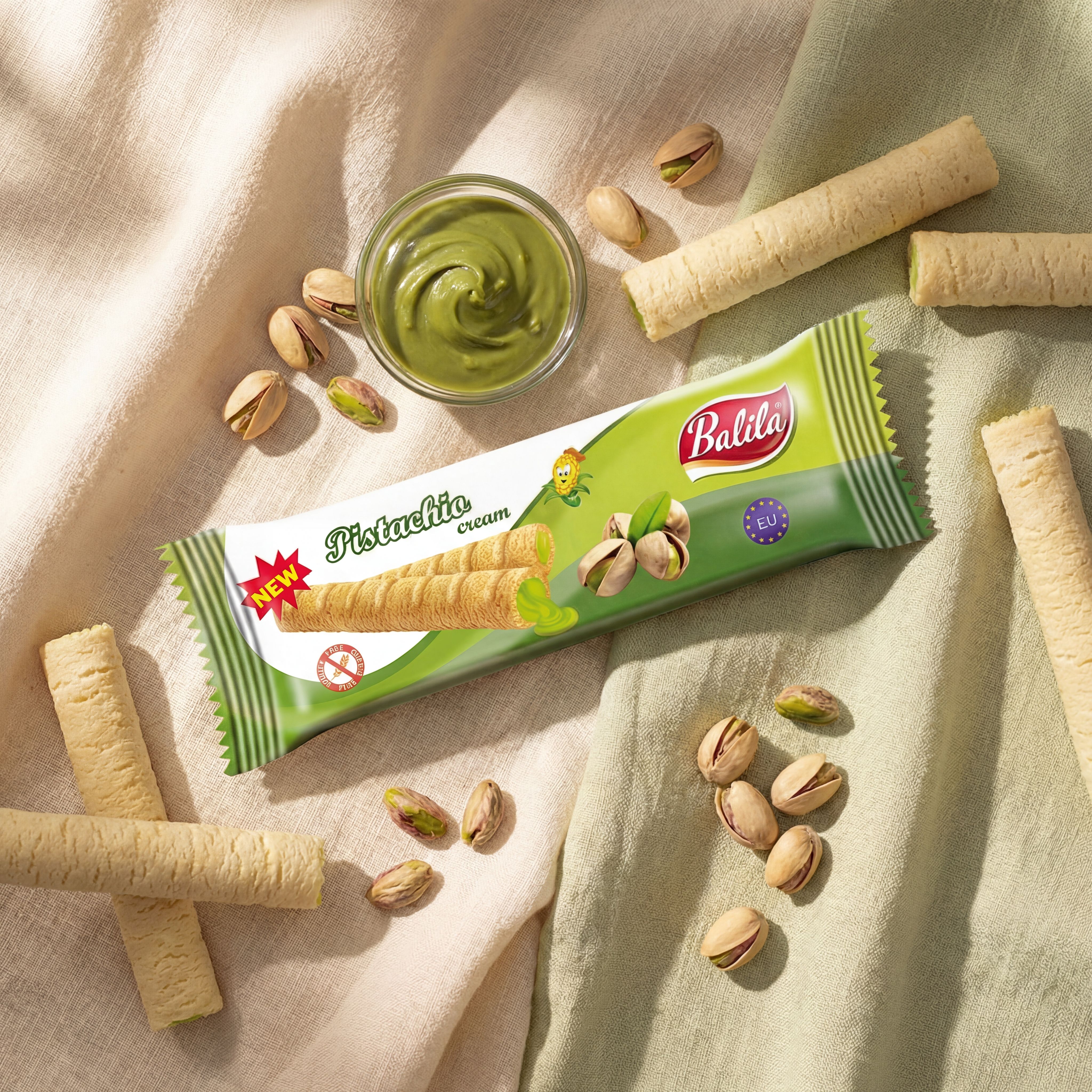 Puffy corn fingers filled with Pistachio flavour cream (83%), 18 g