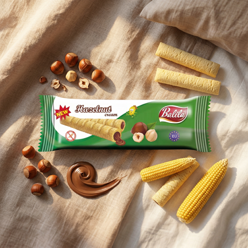 Puffy corn fingers filled with Hazelnut flavour cream (83%), 18 g