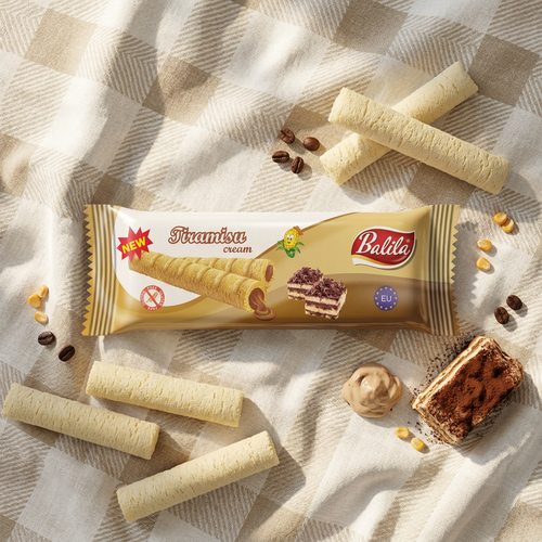 Puffy corn fingers filled with Tiramisu flavour cream (83%), 18 g