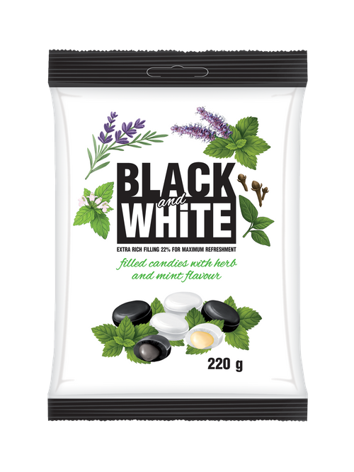 Black & White Filled candies 220g herbal and mint flavour