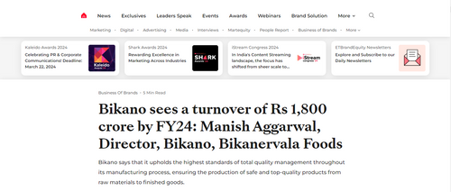 Bikano sees a turnover of Rs 1,800 crore by FY24.