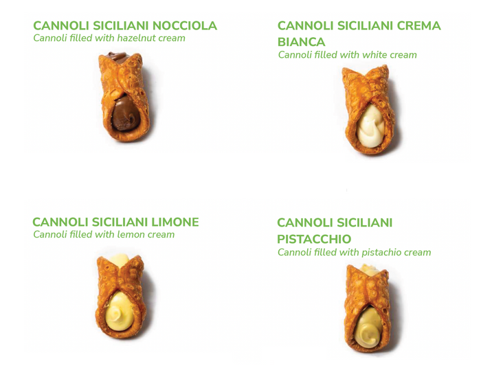 Cannoli Siciliani filled with hazelnut cream, lemon, white cream or pistachio - 1.25 kg tray