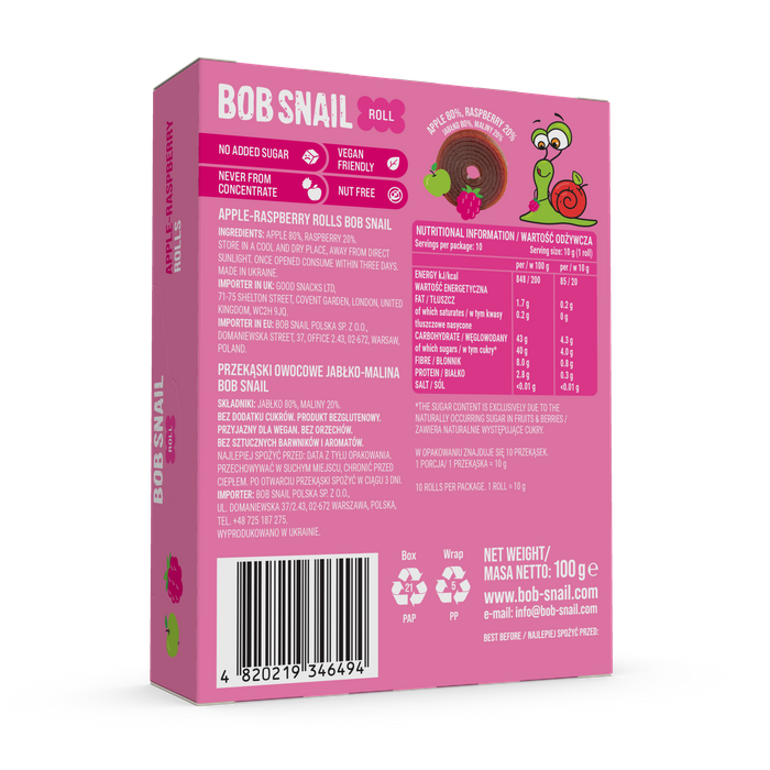 Fruit Rolls Apple-Raspberry TM BOB SNAIL, 100g (10 rolls)