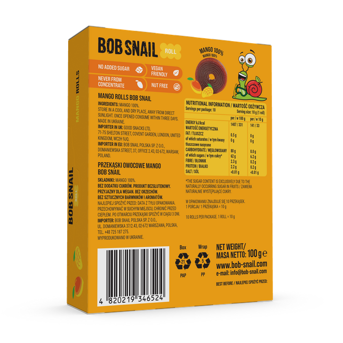 Fruit Rolls Mango TM BOB SNAIL, 30g (3 rolls)