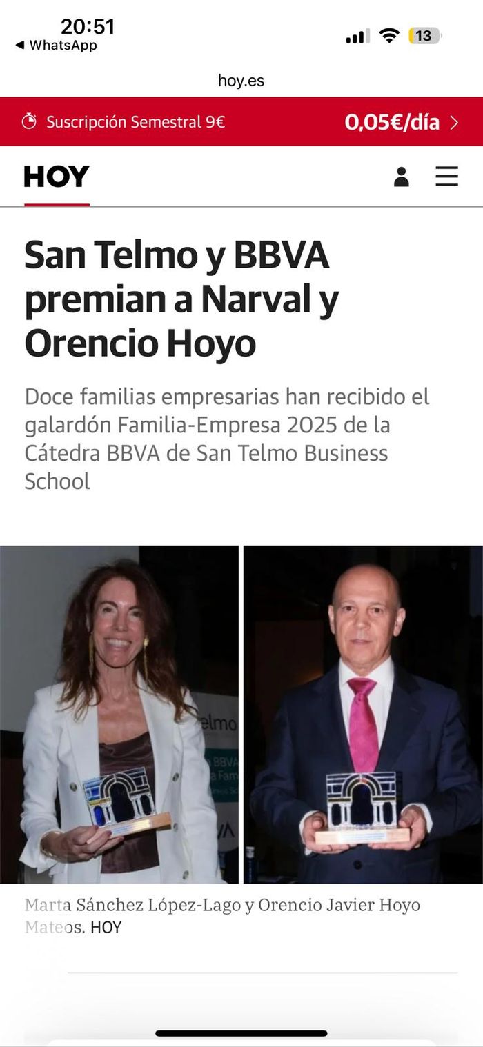 PREMIO NACIONAL A LA TRAYECTORIA EMPRESARIAL. PREMIO EMPRESA FAMILIAR CÁTEDRA DE BBVA - UNIV. SAN TELMO. Sevilla
