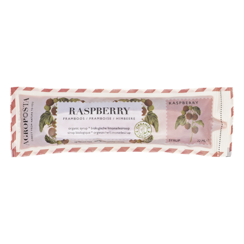 Raspberry cordial syrup in a 32 ml recyclable sachet Organic