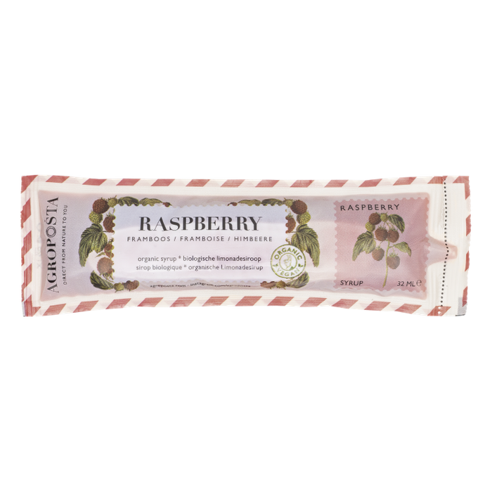 Raspberry cordial syrup in a 32 ml recyclable sachet Organic