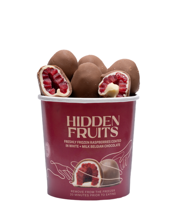 Freshly frozen British raspberries in white & milk Belgian chocolate