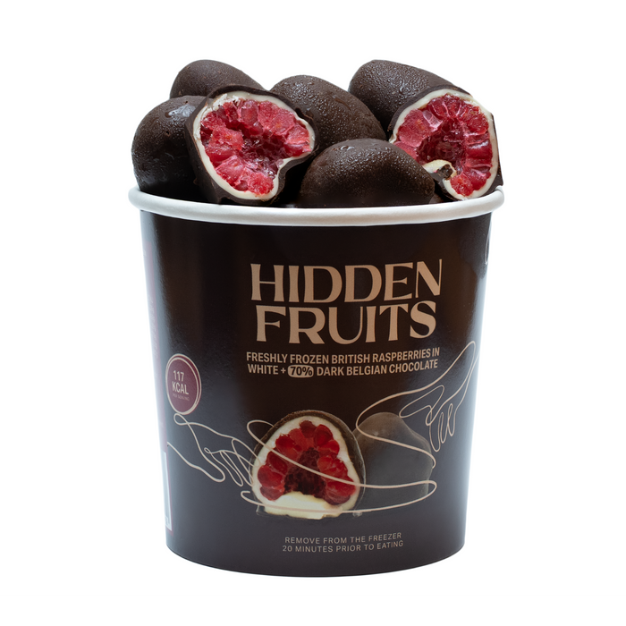 Freshly frozen British raspberries in white & 70% dark Belgian chocolate