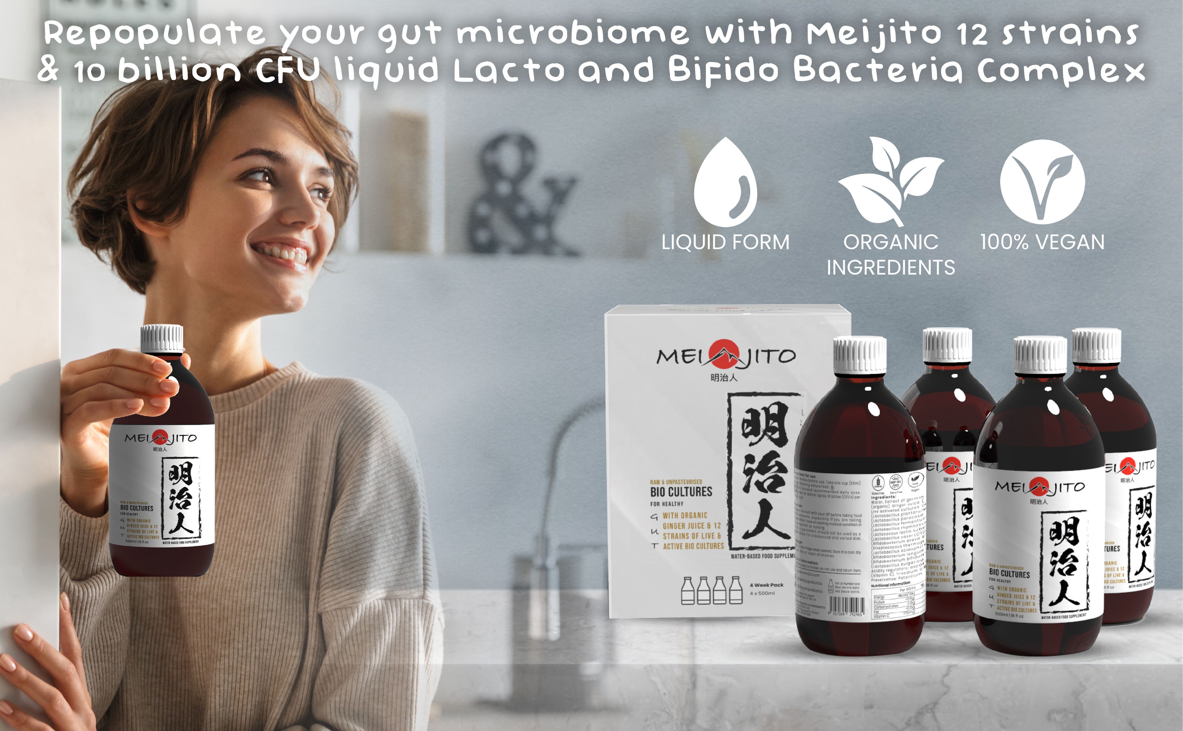MEIJITO Water-Based Daily Probiotic Formula with Raw, Live and Active Bio Cultures 10 Billion (CFU) 4x500ml Pack - Advanced Liquid-Based Probiotics Complex