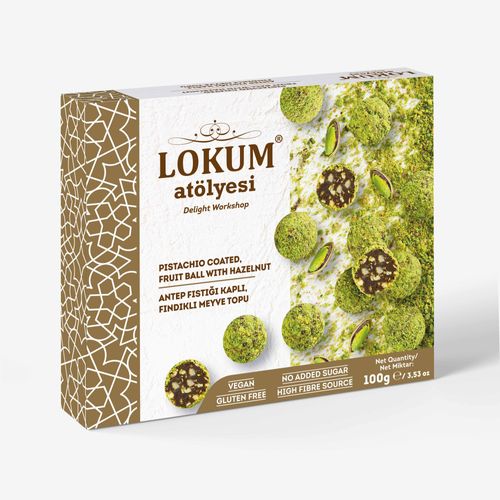 PISTACHIO COATED FRUIT BALL WITH HAZELNUT