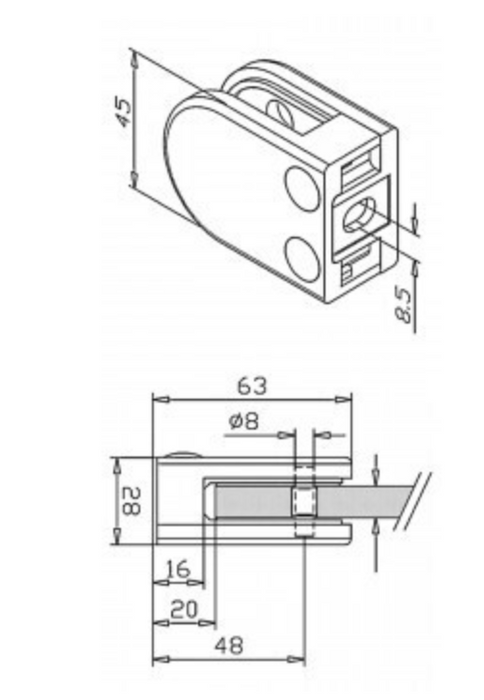 Satin Polished Stainless Steel Glass Clamp to suit 6 - 12mm Glass - Flat Back