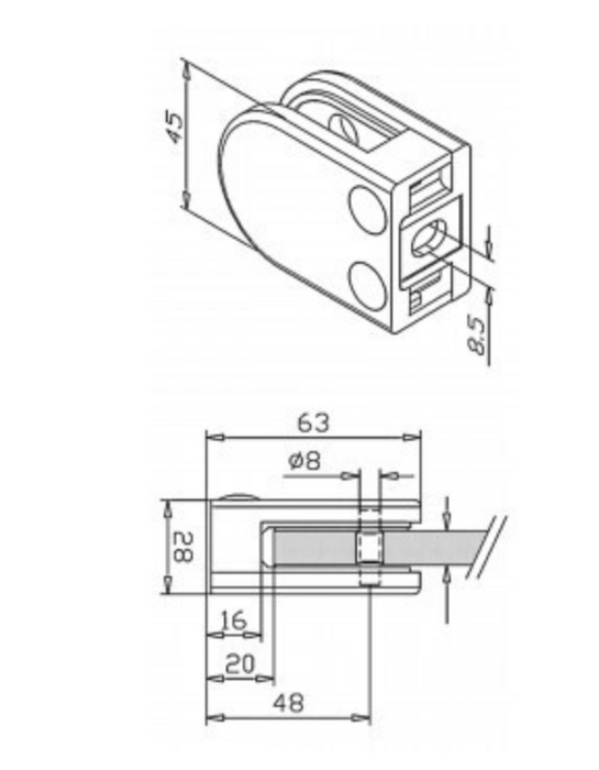 Black Glass Clamp to suit 6 - 12mm Glass - Flat Back