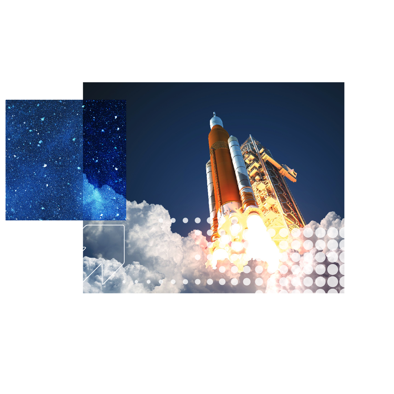 A rocket launching into space, surrounded by clouds of smoke and a starry background.