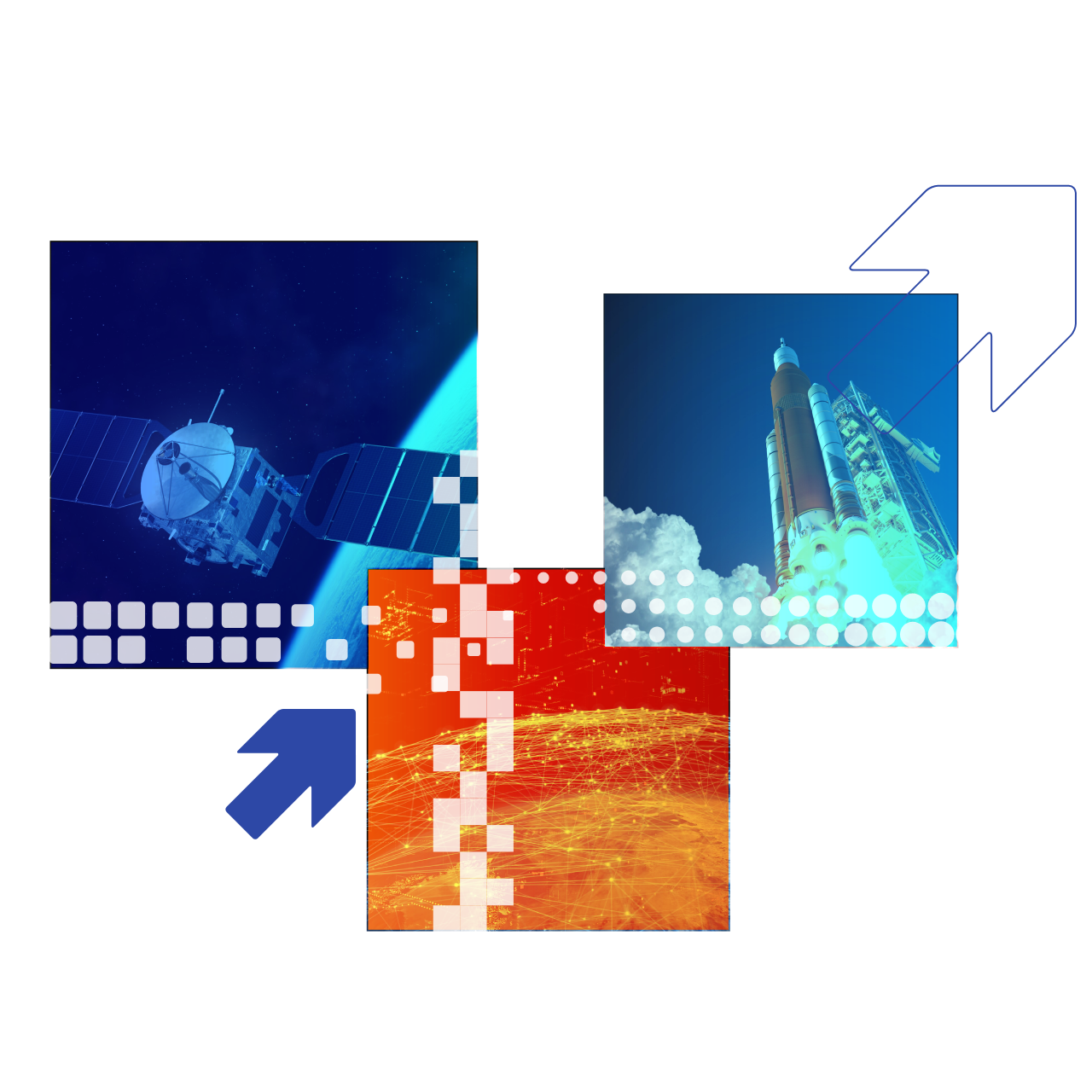 Three images arranged in a collage: one shows a satellite in space, another depicts a rocket launch, and the third illustrates a stylized view of a planet’s surface.