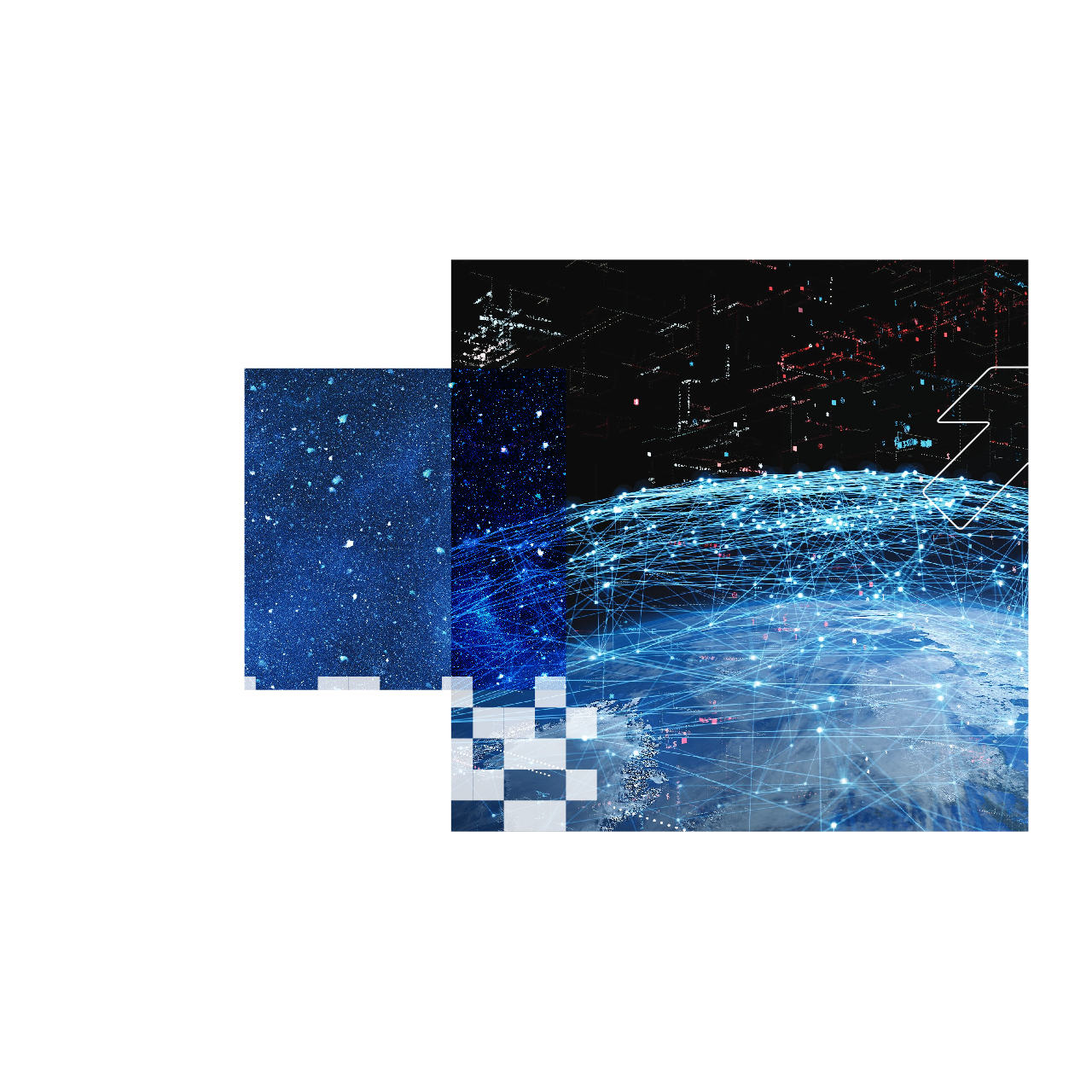 Abstract digital representation of a network, featuring a globe and a starry background.