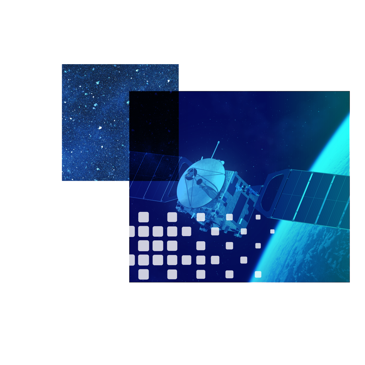 Three images arranged in a collage: one shows a satellite in space, another depicts a rocket launch, and the third illustrates a stylized view of a planet’s surface.