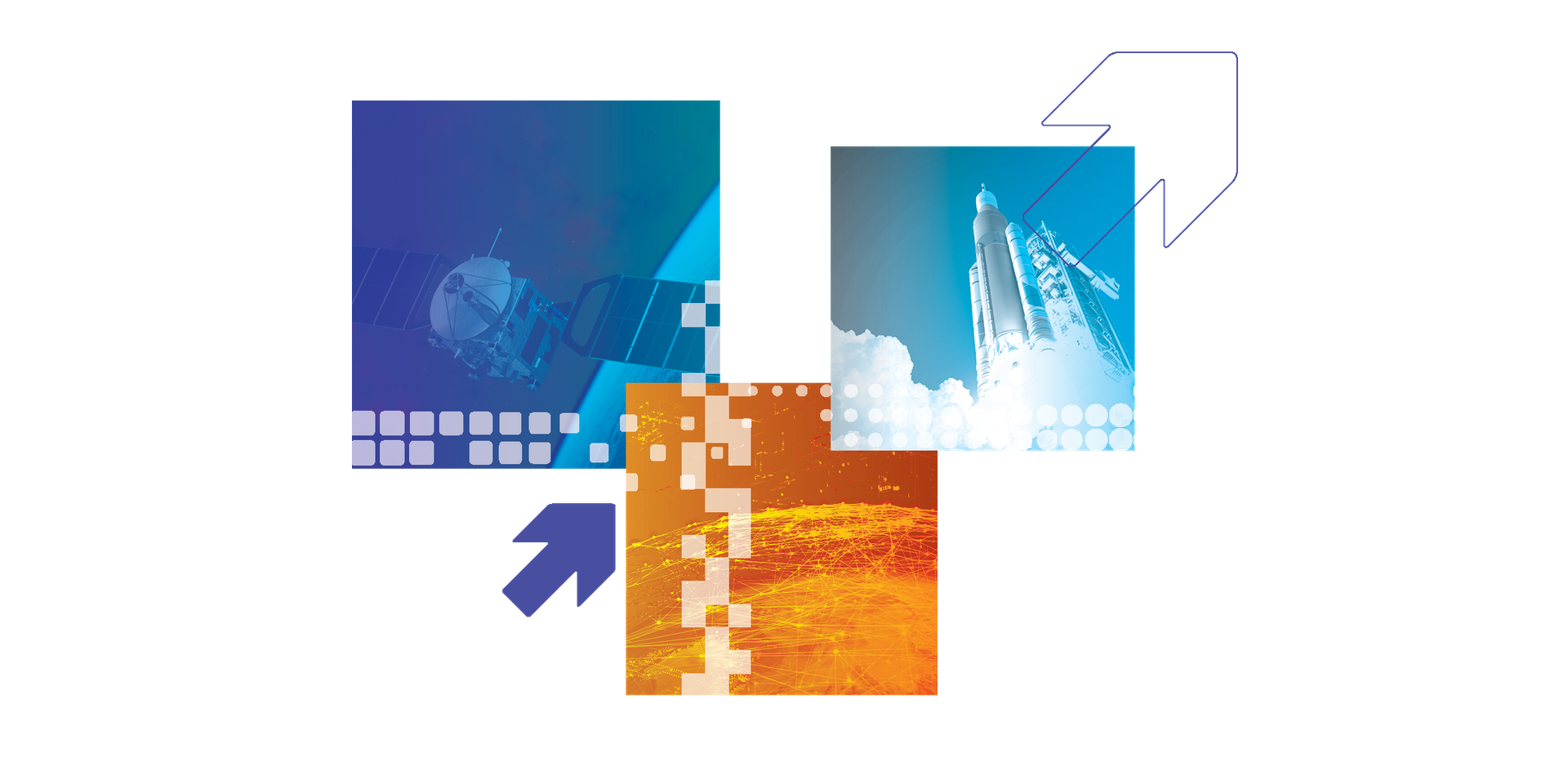 Three images arranged in a collage: one shows a satellite in space, another depicts a rocket launch, and the third illustrates a stylized view of a planet’s surface.