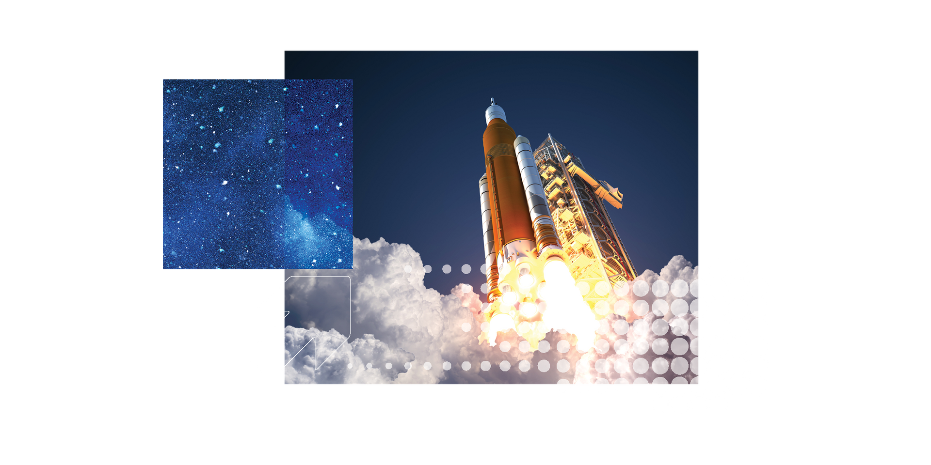 A rocket launching into space, surrounded by clouds of smoke and a starry background.