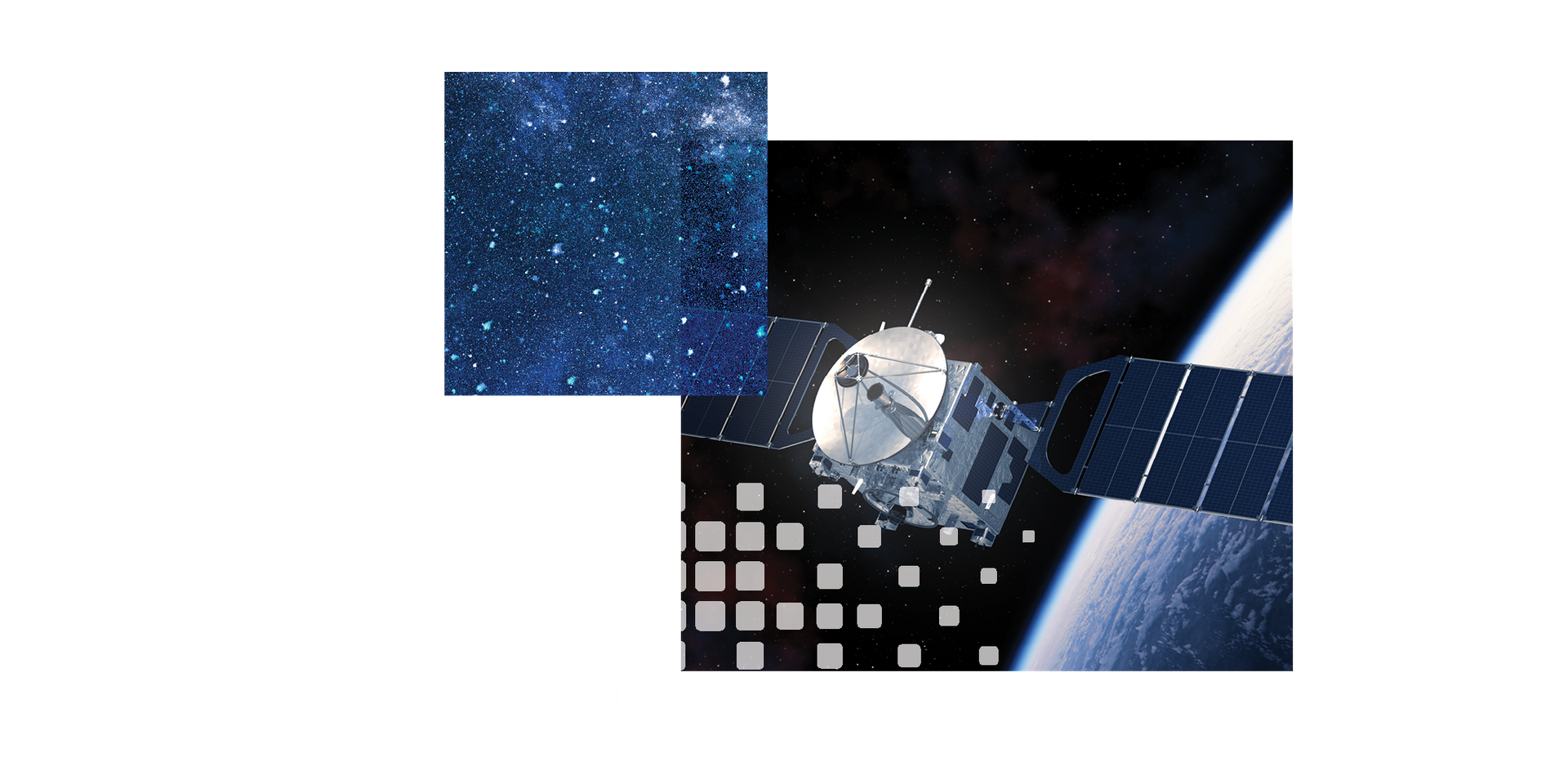 A satellite in space with a blue and black background featuring stars and a planet's surface.