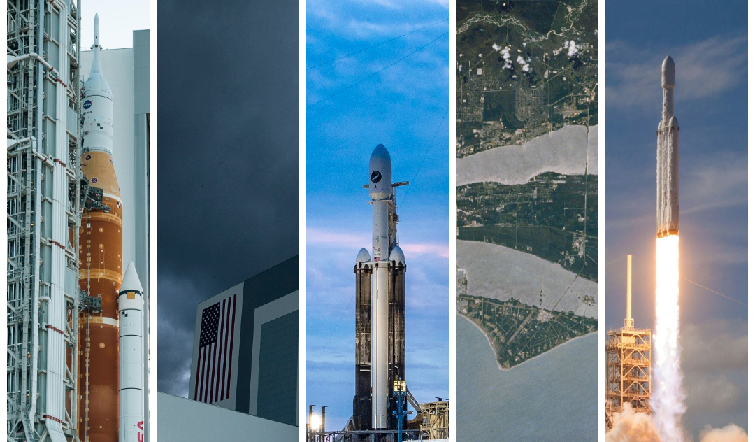 Images of several rockets and buildings at the Kennedy Space Center