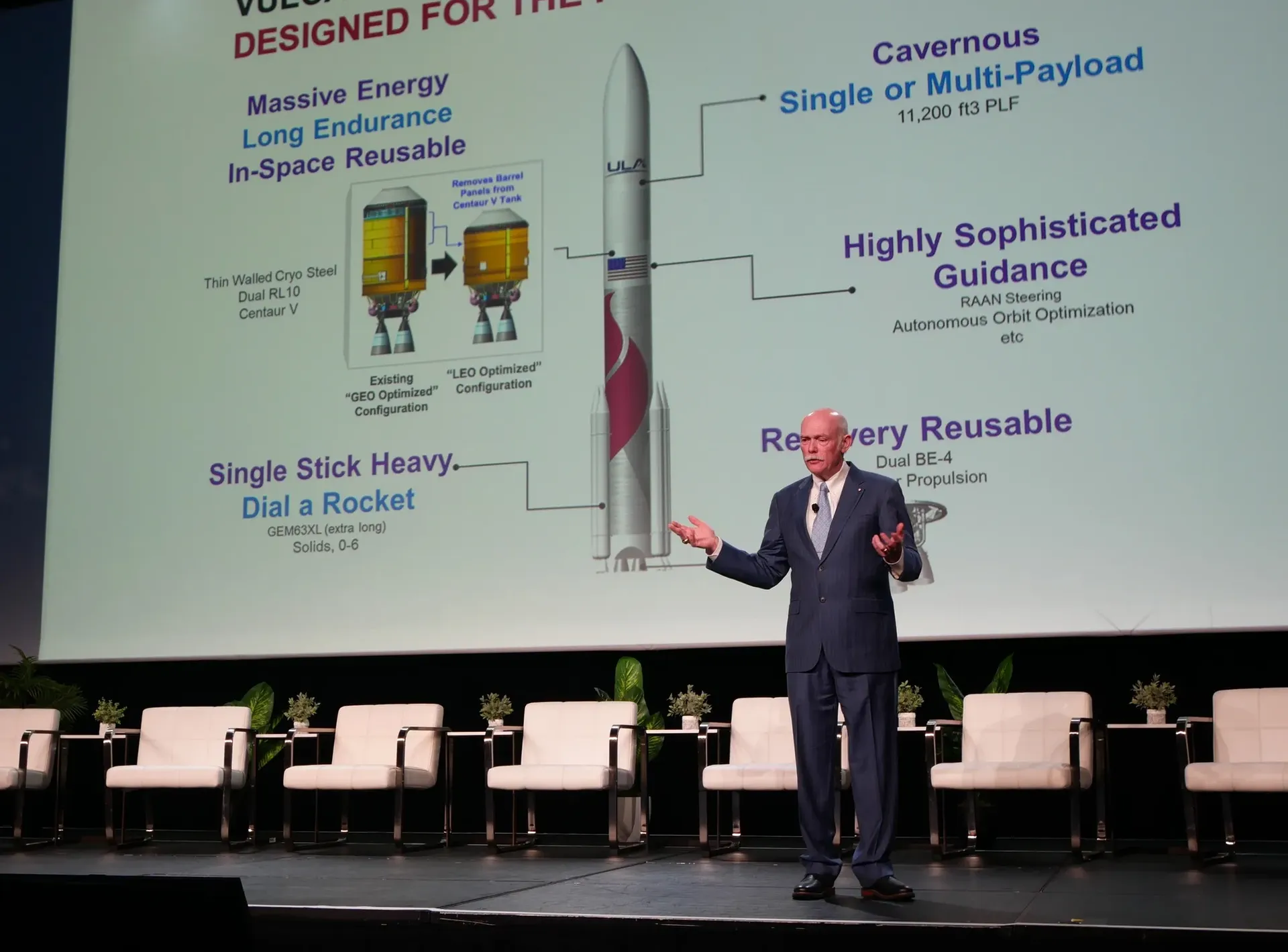 Speaker presenting slide with rocket