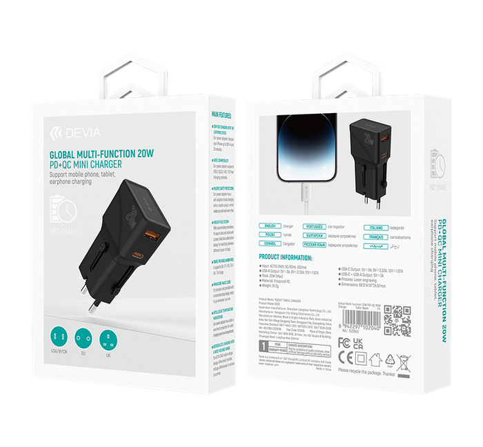 Devia - 20W Mini Global Multiple Function Travel Adapter - Black