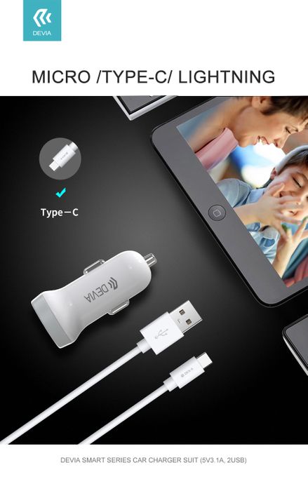 Devia - 3.1A Dual USB Port Car Adapter & 1m USB-C Cable - White