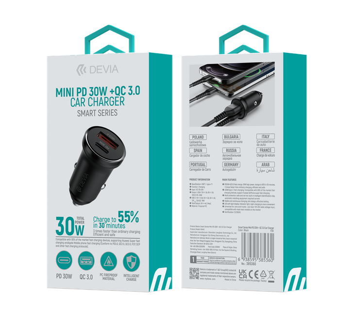 Devia - 30W Power Delivery USB-C & Qualcomm 3.0 USB Port Car Adapter - Black