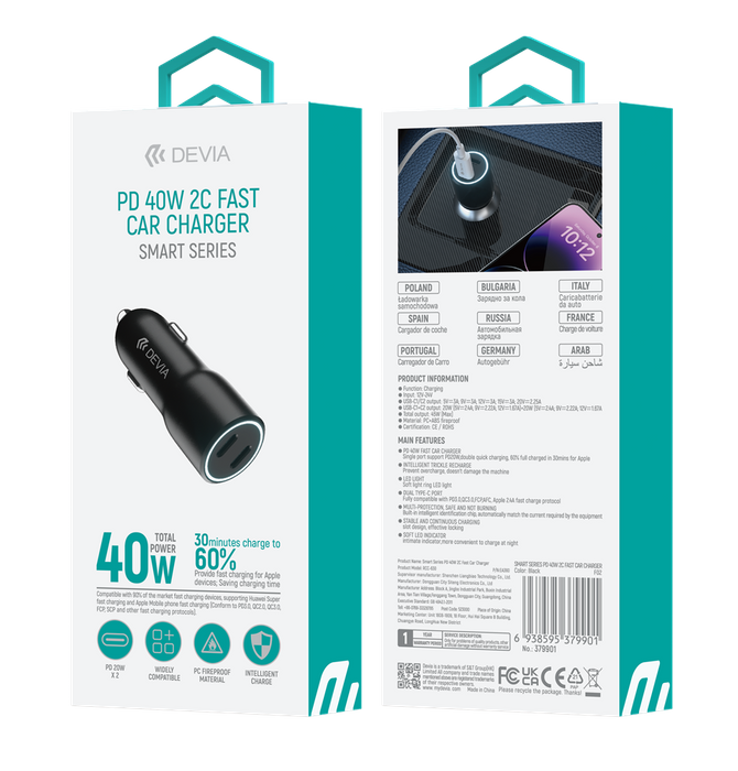 Devia - 40W Power Delivery Dual USB-C Car Adapter - Black