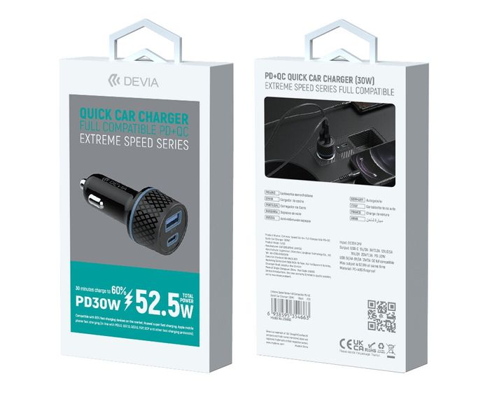 Devia - 30W Power Delivery USB-C & Qualcomm 3.0 USB Port Car Adapter & 1m USB-C to Non-MFI Lightning Cable - Black