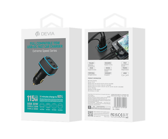 Devia - 115W Power Delivery Dual USB-C & 30W USB Port Car Adapter - Black